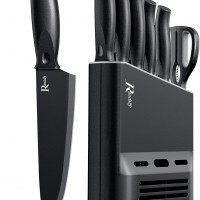 Ensemble de Couteaux de Cuisine Noir avec Bloc de Rangement - Idéal pour Steak, Pain et Table