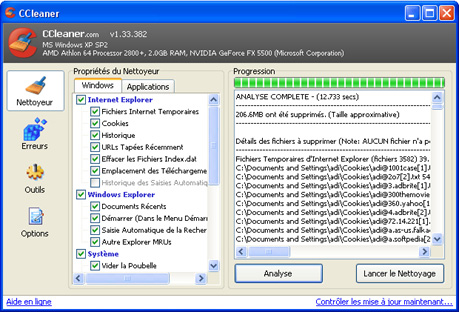capture d'ecran CCleaner v 1.33