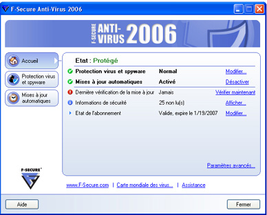 capture d'ecran F-Secure Anti-Virus v 2006