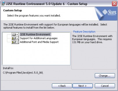 capture d'ecran Java Runtime Environment v 5.0