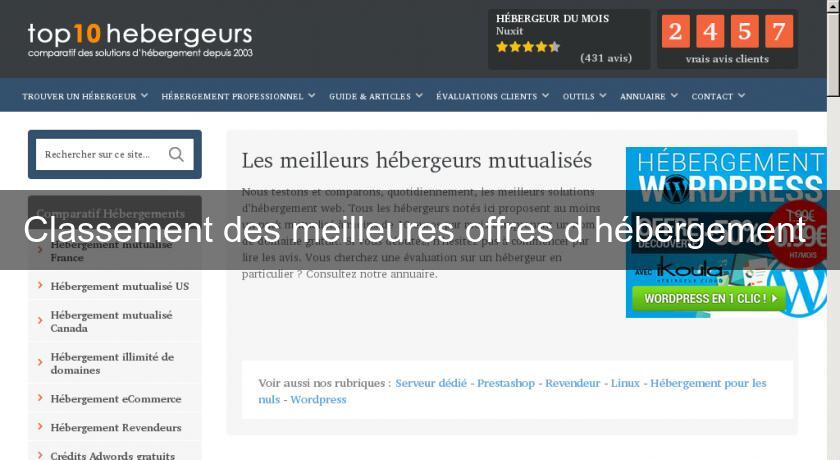 Classement des meilleures offres d'hébergement Classement des meilleures offres d'hébergement