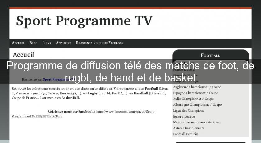 Programme de diffusion télé des matchs de foot, de rugbt, de hand et de basket Programme de diffusion télé des matchs de foot, de rugbt, de hand et de basket