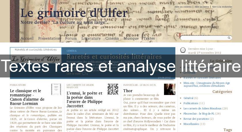 Textes rares et analyse littéraire Textes rares et analyse littéraire