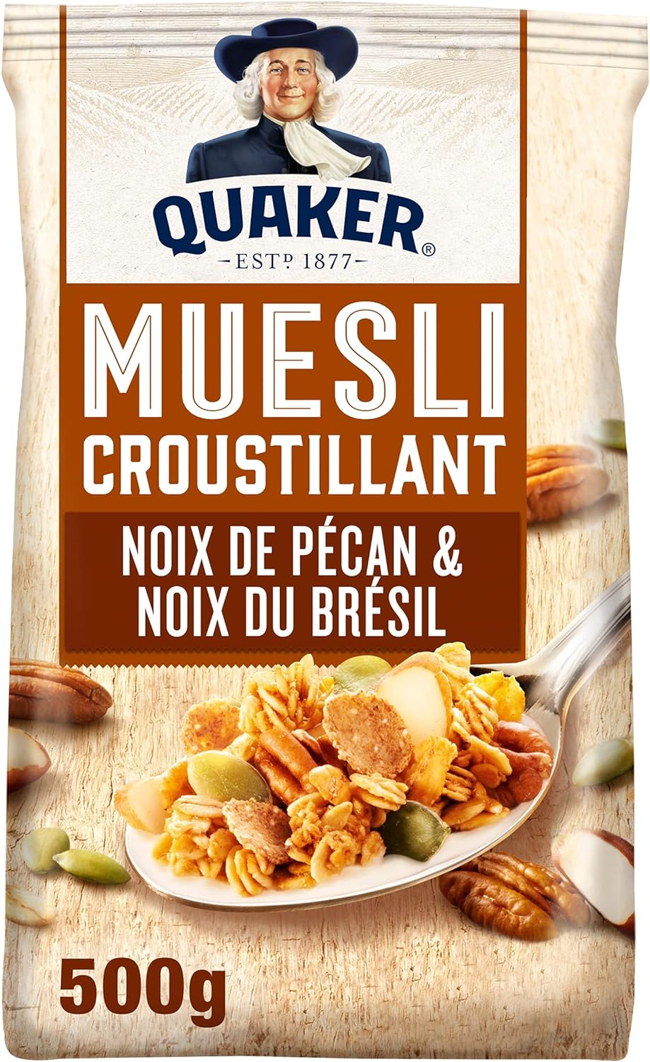 Quaker Muesli Croustillant Noix de Pécan & du Brésil 500g - Fibres et saveurs naturelles pour un petit-déjeuner énergisant
