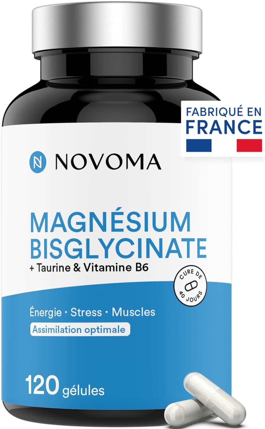 Supplément de Magnésium Bisglycinate + Taurine & Vitamine B6 - Haute Teneur, Combat Fatigue et Stress, 120 gélules