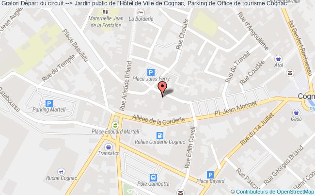 plan Départ du circuit --> Jardin public de l'Hôtel de Ville de Cognac, Parking de Office de tourisme 