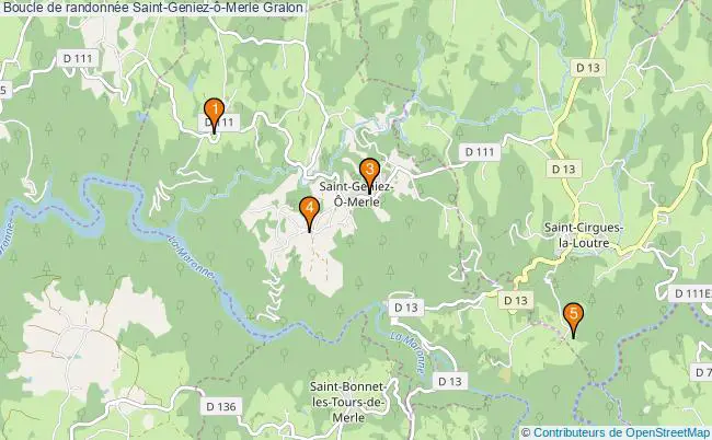 plan Boucle de randonnée Saint-Geniez-ô-Merle : 5 équipements