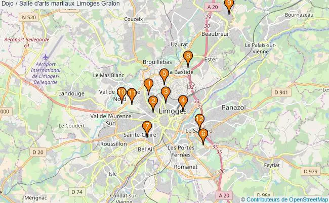 plan Dojo / Salle d'arts martiaux Limoges : 12 équipements