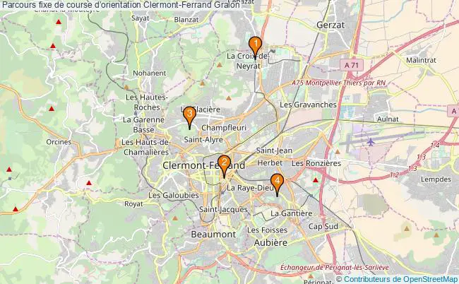 plan Parcours fixe de course dorientation Clermont-Ferrand : 4 équipements