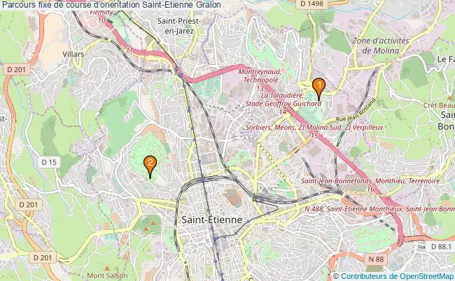 plan Parcours fixe de course dorientation Saint-Etienne : 2 équipements