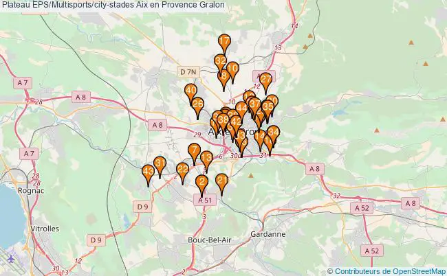 plan Plateau EPS/Multisports/city-stades Aix en Provence : 44 équipements