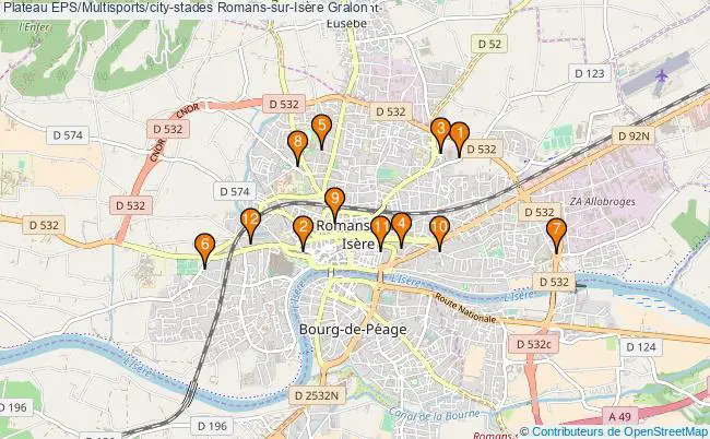 plan Plateau EPS/Multisports/city-stades Romans-sur-Isère : 12 équipements