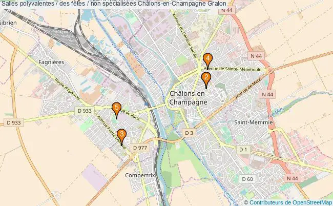 plan Salles polyvalentes / des fêtes / non spécialisées Châlons-en-Champagne : 5 équipements