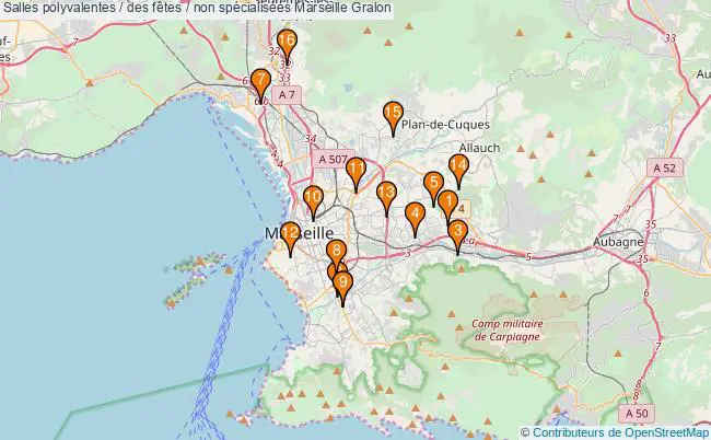 plan Salles polyvalentes / des fêtes / non spécialisées Marseille : 16 équipements