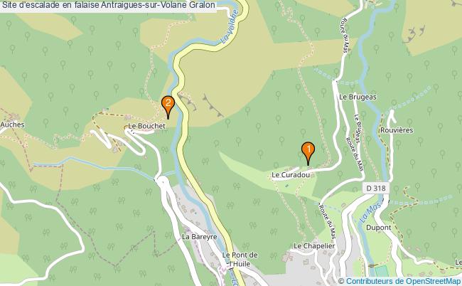plan Site d'escalade en falaise Antraigues-sur-Volane : 2 équipements