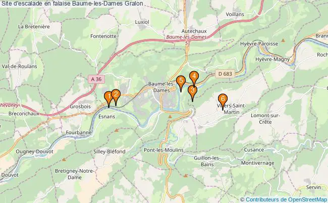 plan Site d'escalade en falaise Baume-les-Dames : 6 équipements