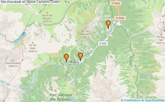 plan Site d'escalade en falaise Cauterets : 3 équipements