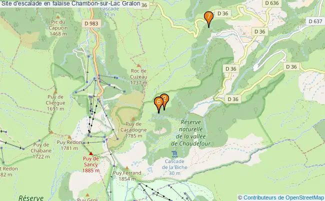 plan Site d'escalade en falaise Chambon-sur-Lac : 7 équipements
