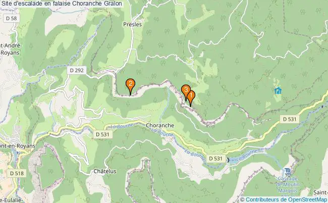 plan Site d'escalade en falaise Choranche : 3 équipements