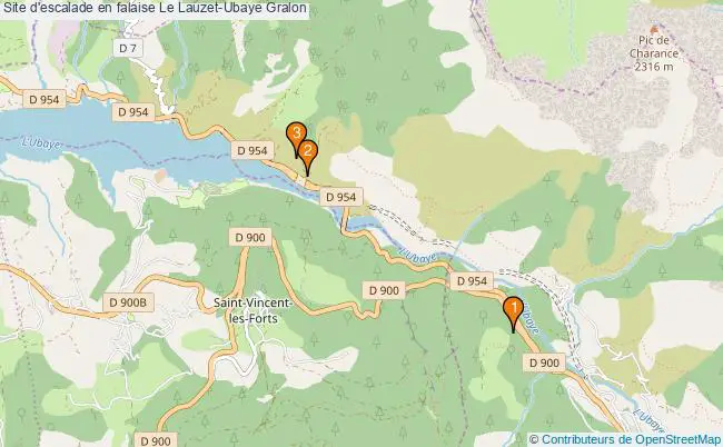 plan Site d'escalade en falaise Le Lauzet-Ubaye : 3 équipements