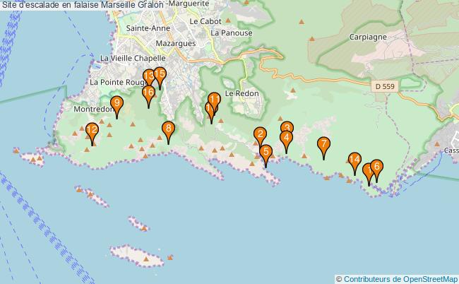 plan Site d'escalade en falaise Marseille : 16 équipements