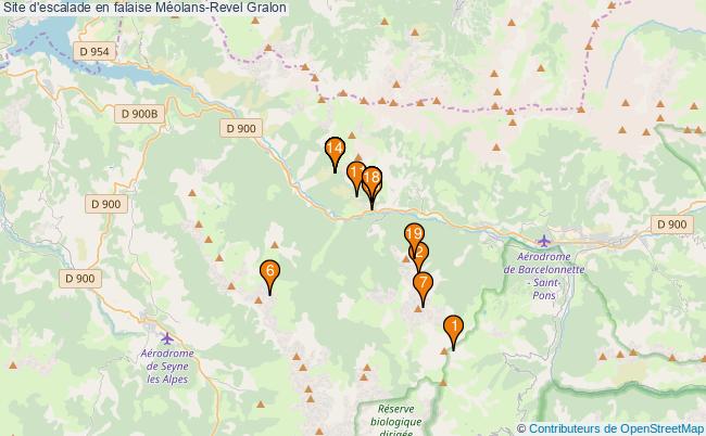 plan Site d'escalade en falaise Méolans-Revel : 19 équipements