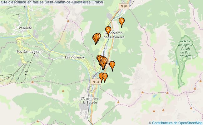 plan Site d'escalade en falaise Saint-Martin-de-Queyrières : 18 équipements