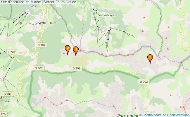 plan Site d'escalade en falaise Uvernet-Fours : 3 équipements