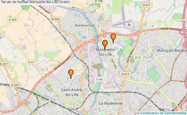 plan Terrain de football Marquette-lez-Lille : 3 équipements