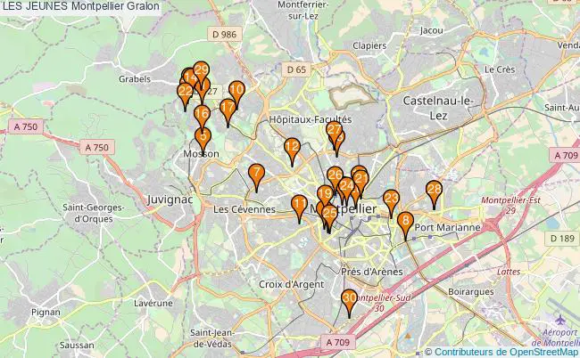 plan LES JEUNES Montpellier Associations LES JEUNES Montpellier : 44 associations