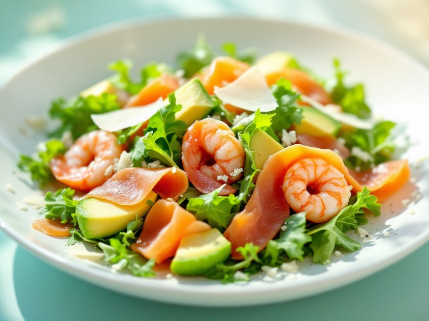 Salade Terre et Mer aux Crevettes et Saumon Fumé