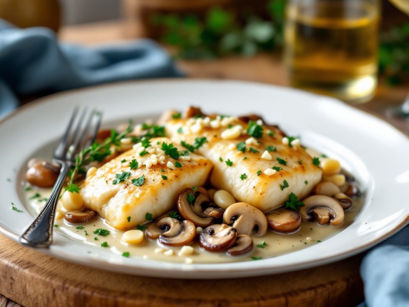 Brochet en Sauce au Vin Blanc et Champignons Savoureux
