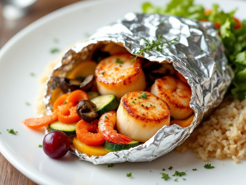 Noix de Saint Jacques en Papillote avec Légumes et Crevettes