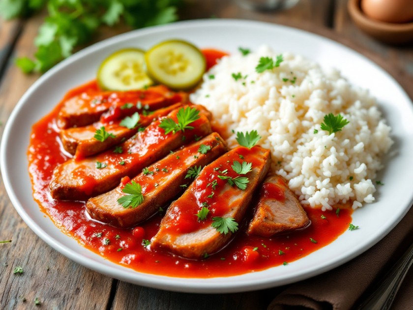 Langue de porc à la sauce tomate et cornichons