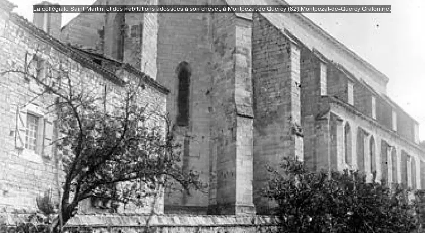 La collégiale Saint Martin, et des habitations adossées à son chevet, à Montpezat de Quercy (82)